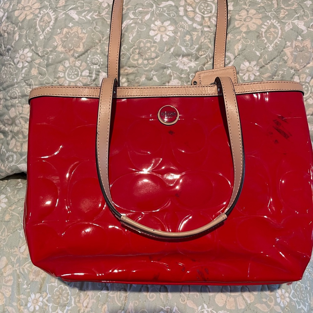 Coach Glossy Red Tote with Tan Straps